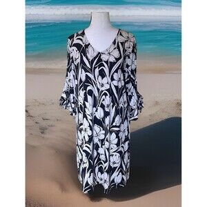 Robert Louis Navy White Floral V-Neck Adj Ruffled Sleeves Shift Dress M NWT